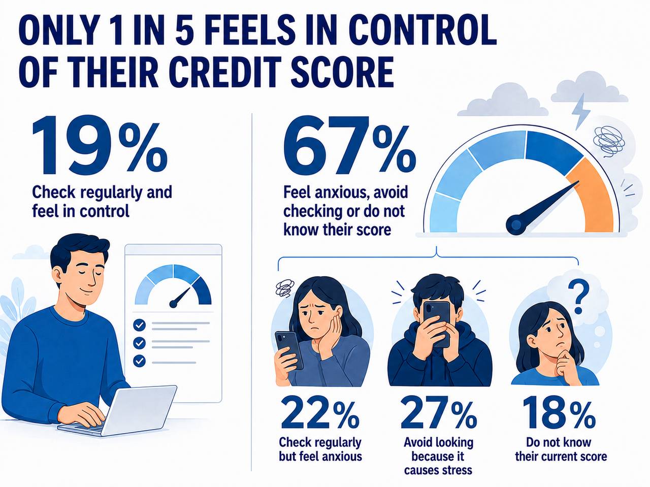 Infographic revealing that only 1 in 5 feels in control of their credit score based on survey respondents.